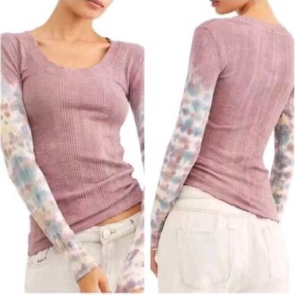 FP We the Free Big Sur Tie Dye Sleeve Tee In Misty Mountain Size M Boho Casual - Picture 1 of 12
